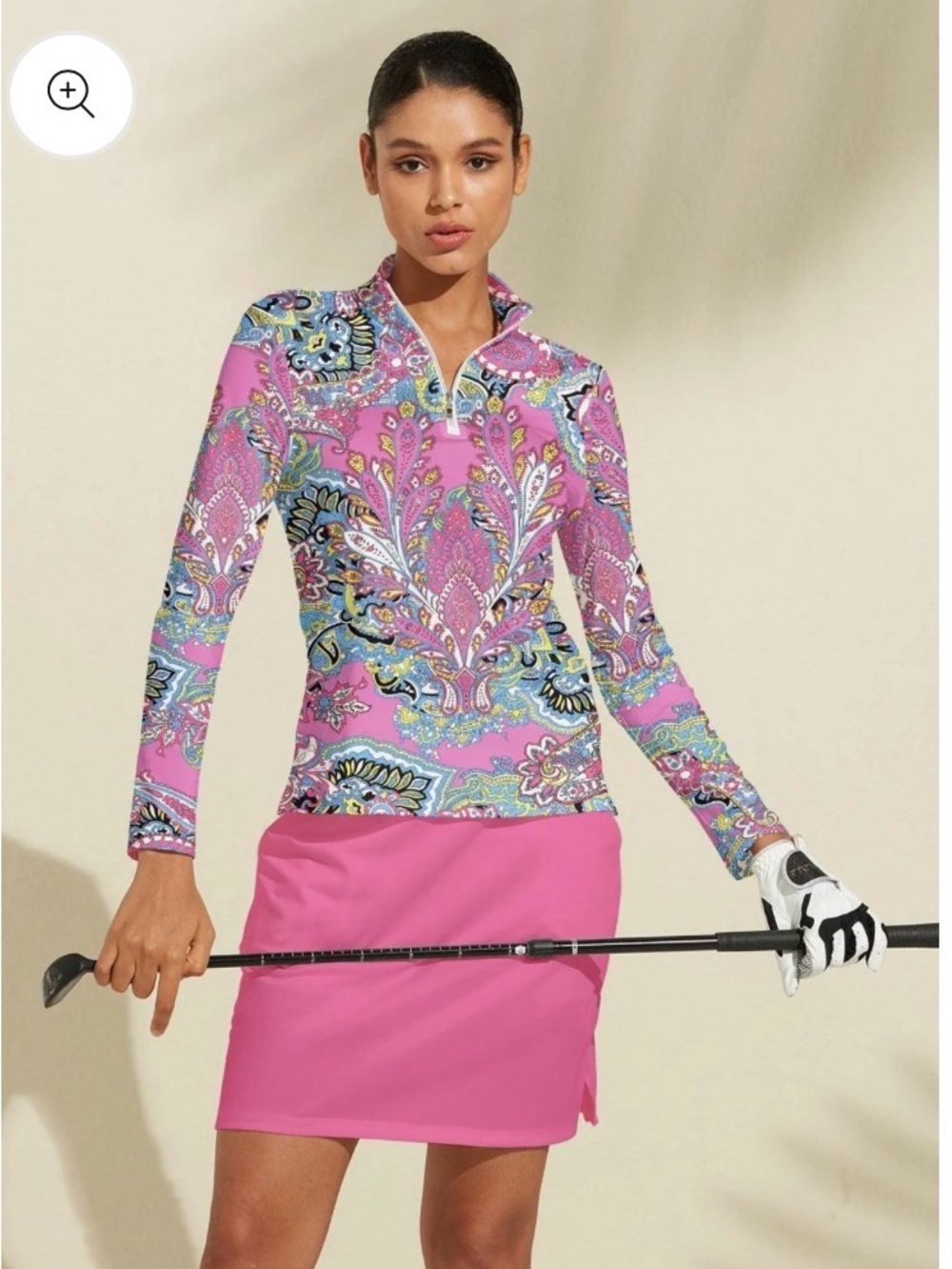 Paisley Print Long-Sleeve Polo Top in Pink